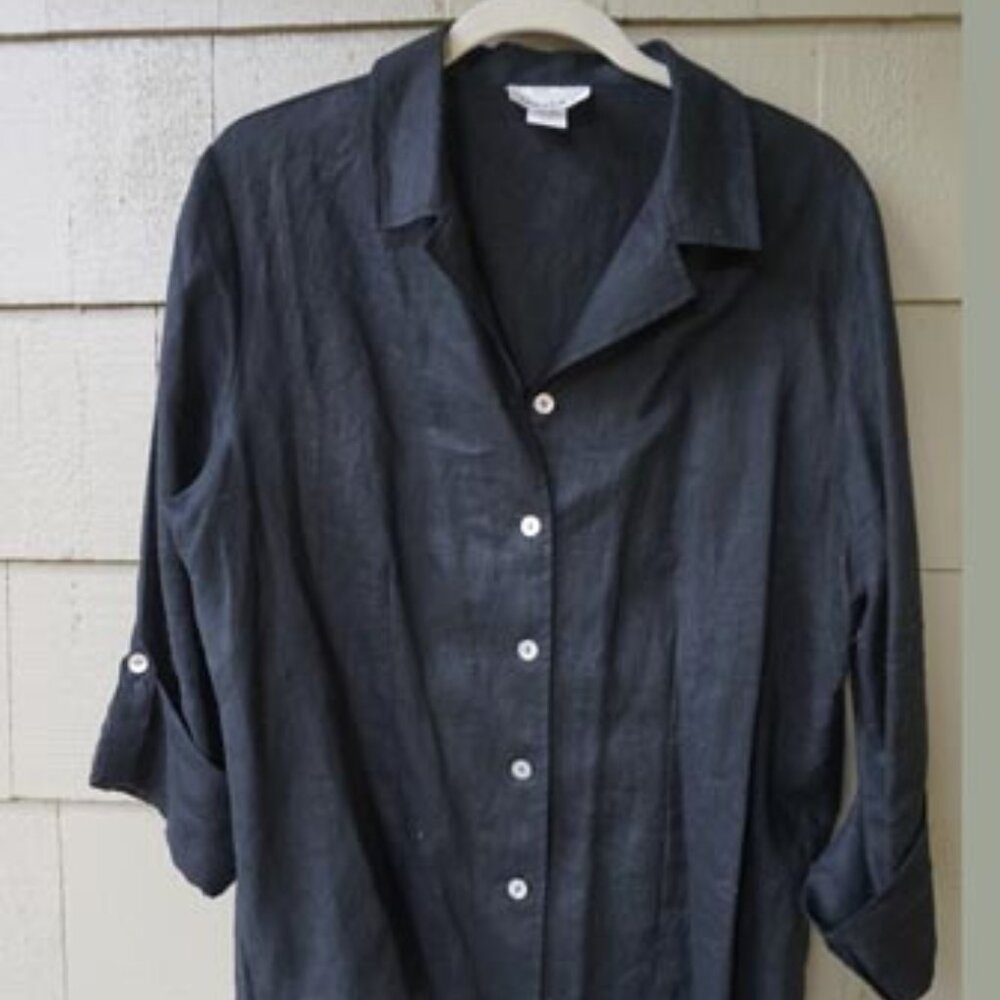 David N Black 100% Hanky LInen Button Down Shirt EUC Size XL